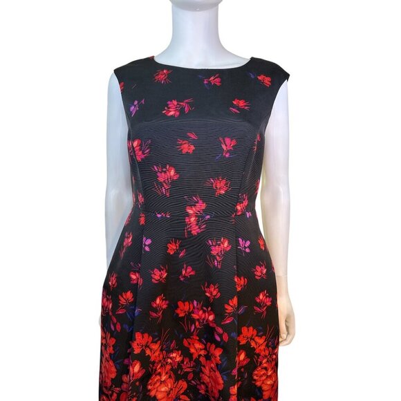 Adrianna Papell Black Floral Sleeveless Fit & Flare Dress Red Accents Sz 10P EUC - Picture 2 of 7